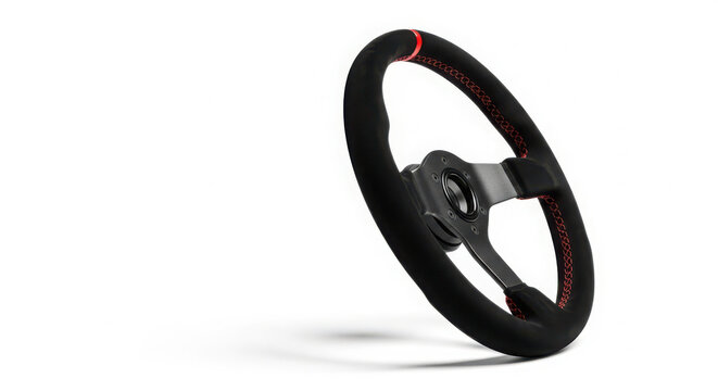 Modern black racing steering wheel with red stitching and center mark isolated on white background for professional gaming simulation setup