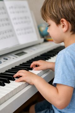 Young boy playing electronic keyboard piano with sheet music for music lesson practice education poster and children's learning background