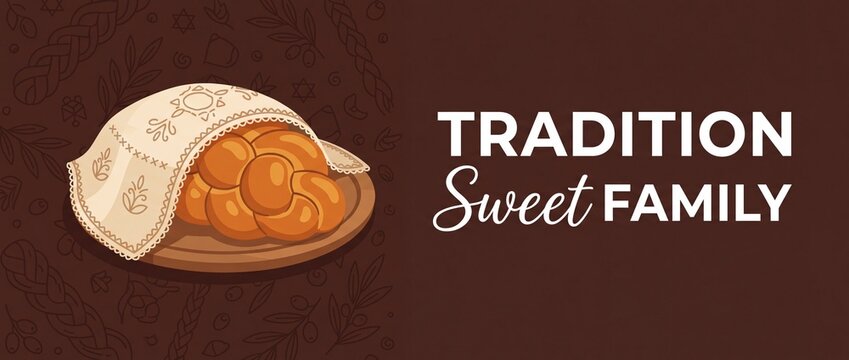 Challah bread Shabbat Jewish tradition illustration banner with embroidered cover cloth for family holiday feast, Rosh Hashanah and Jewish culture celebration vector background design.