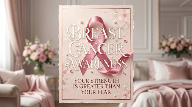 Breast cancer awareness poster with pink ribbon symbol and inspirational message