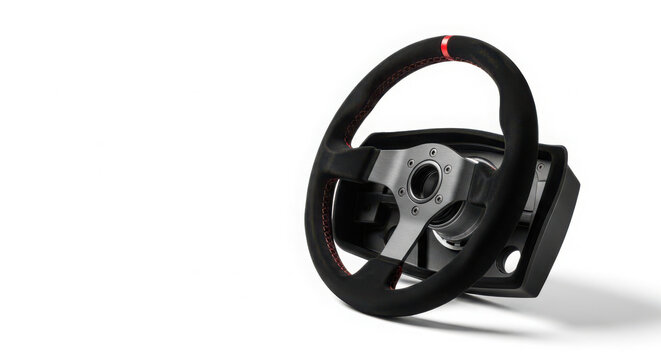 Professional racing steering wheel simulator featuring leather texture and metallic center plate isolated against clean bright white studio background lighting