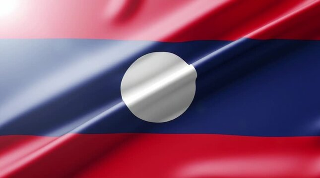 Waving flag of Laos with a shiny, silky texture and vibrant red, blue, and white colors.