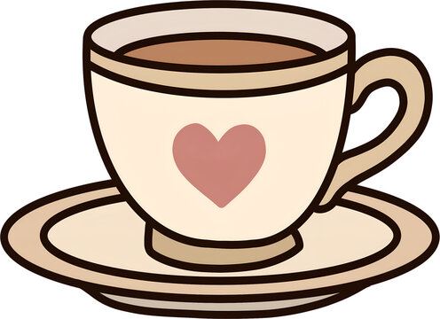 Cute coffee cup with heart vector illustration, teacup and saucer icon