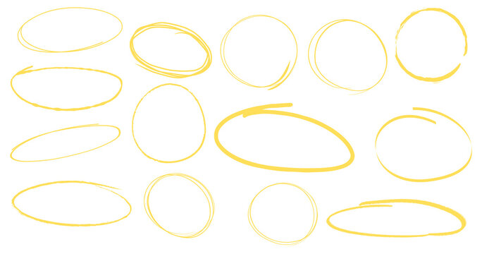 Set of hand drawn yellow chalk circles and oval frames with rough textured outlines, irregular round shapes and sketchy borders isolated on a clean transparent background