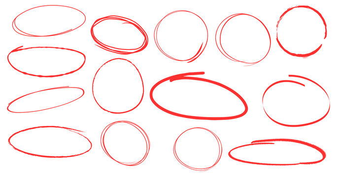 Set of hand drawn red chalk circles and oval frames with rough textured outlines, irregular round shapes and sketchy borders isolated on a clean transparent background