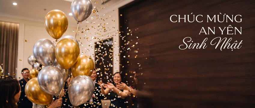 Gold silver birthday party balloons floating with falling confetti at a festive celebration with Vietnamese birthday text Chuc Mung Sinh Nhat background for luxury holiday event card invitation layout