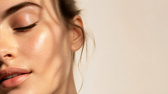 Soft-focus macro portrait of a young woman&rsquo;s cheek showing natural skin texture and intense hydration dewiness after a facial, generous copy space on the right, high-fashion editorial