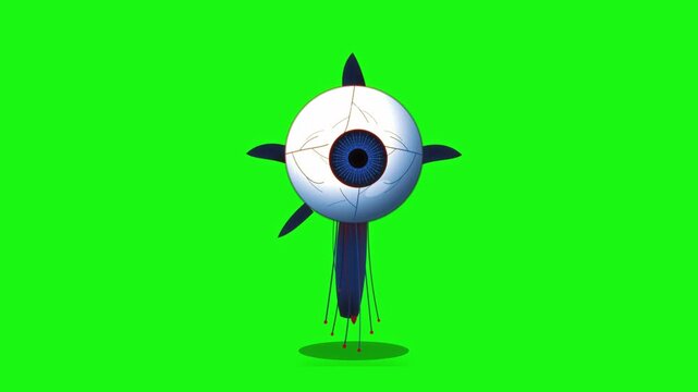 Single winged eyeball monster hovers above casting ground shadow on green screen in 3D character animation