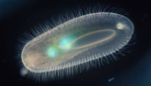 A microscopic ovalshaped ciliate protozoan with translucent body glowing internal structures and fringe of cilia
