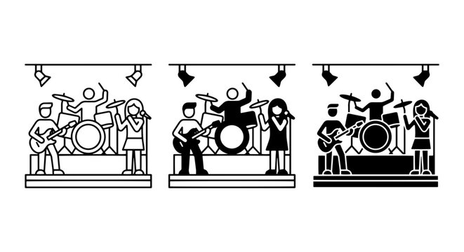 Band Performance Icons, Music Group Silhouettes, Live Concert Vector Set, Stage Lighting Graphics