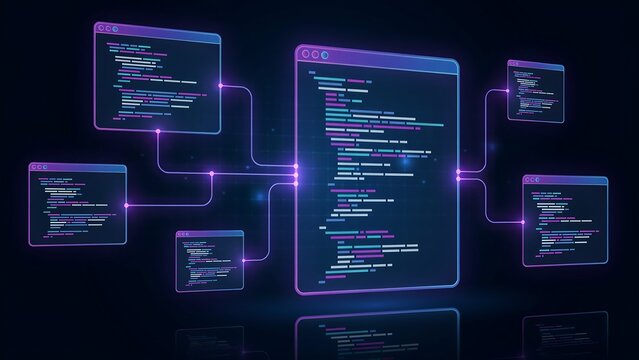 Abstract digital code interface with glowing neon windows and connected lines representing software architecture development for modern computing and programming projects.