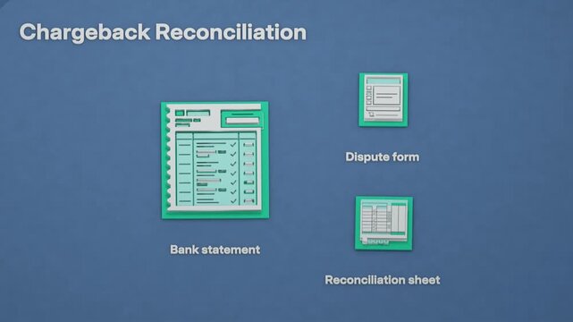 Chargeback reconciliation highlights a preferred resolution path as a disputed payment is reversed in the ledger, matched to the statement and closed with a refund. In flat 3D style.