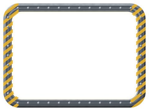 Starship viewport steel picture frame PNG with transparent background, riveted steel bulkhead with hazard chevrons and a warm interior glow, isolated blank frame border for game interfaces
