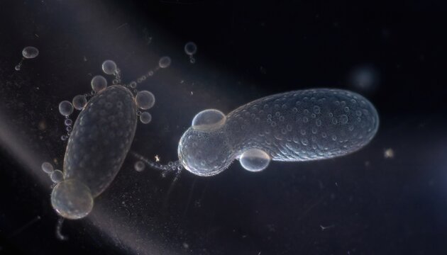 Two translucent elongated protists with bubblelike protrusions viewed against a dark outoffocus background
