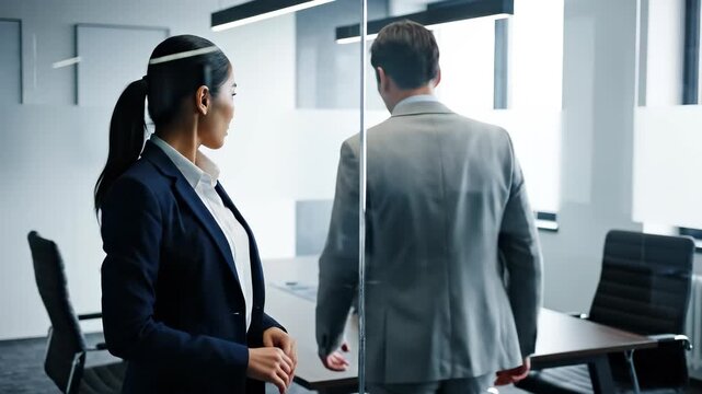 Young asian businesswoman in suit showing stop gesture to male colleague behind glass wall in modern office, concept of workplace boundaries and rejection