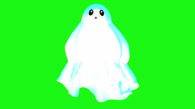 Friendly glowing sheet ghost floats gently isolated on solid green screen background in 3D character animation