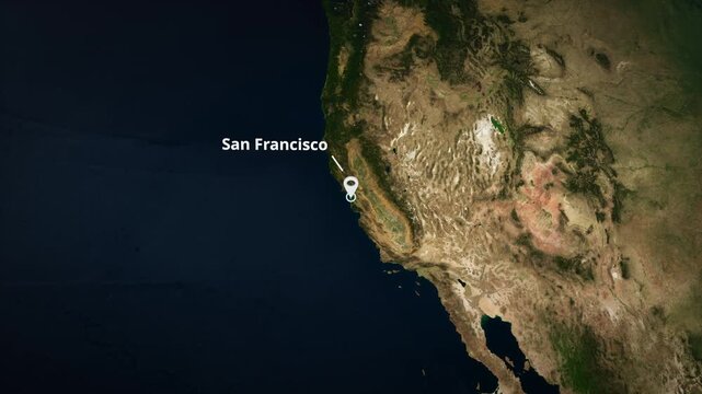 Satellite globe animation zooming to San Francisco, United States featuring a white location pin, concentric circle highlight and typography for a travel graphic template.