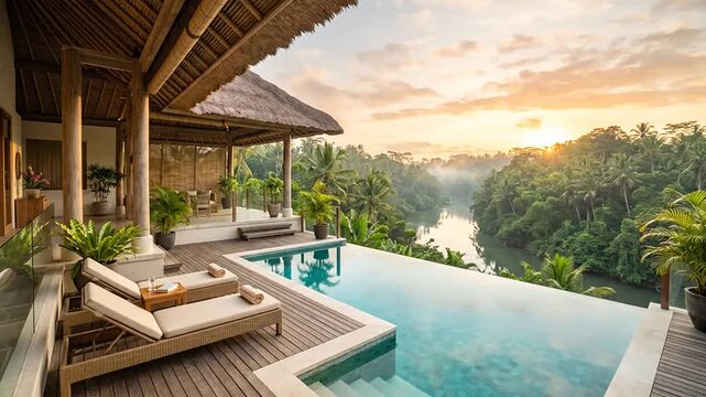 Infinity Pool Overlooking Tropical Rainforest Jungle at Golden Hour