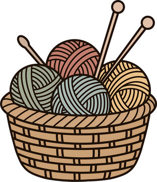 Yarn balls in a woven basket vector illustration, knitting needles craft icon