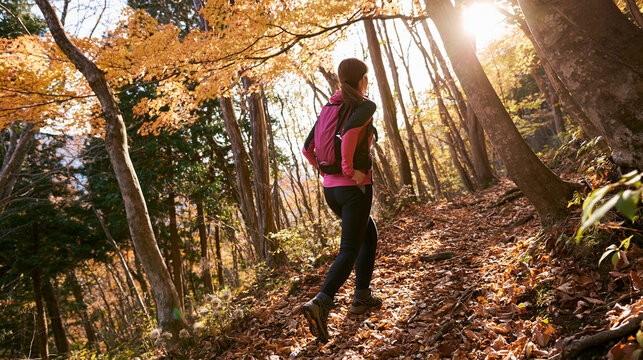 紅葉が広がる山の中を一人で歩く女性