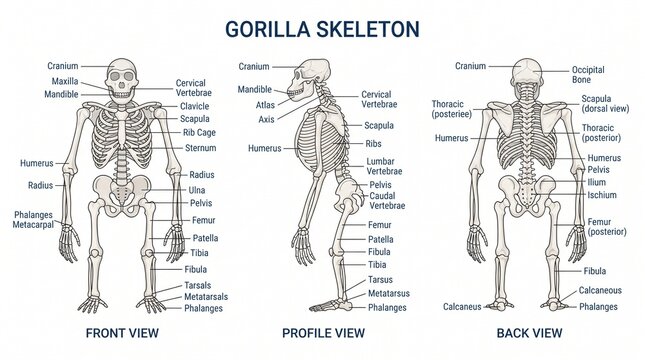 Anatomical Diagram of Primate Skeleton Showing Front Profile and Back Views