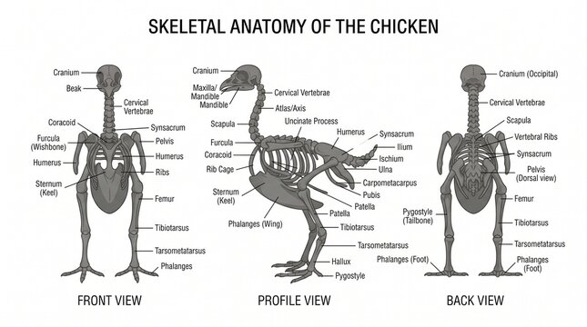Educational Diagram of Avian Skeletal Anatomy with Front Side and Back Views