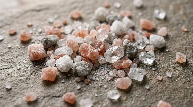 Pink salt crystals on stone surface