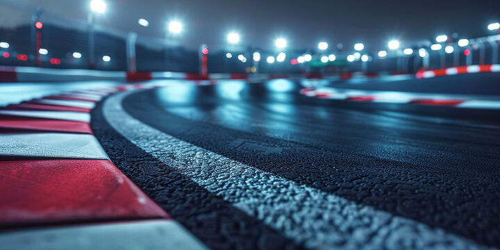 A high-speed racing track curve at night illuminated by bright stadium lights, featuring asphalt road with red and white curbs and motion blur effect, perfect for sports and automotive concepts. xxxxx