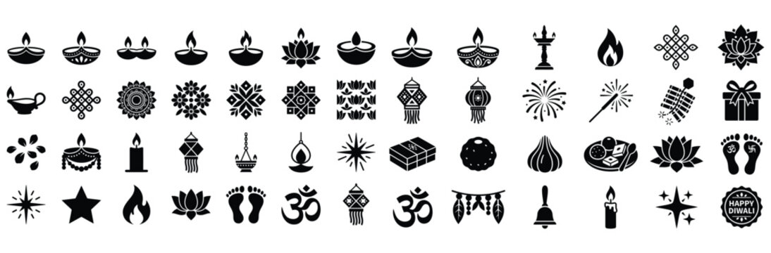 Diwali festival of lights silhouette icon set