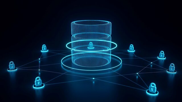 Centralized cylinder database wireframe linked with glowing network lines to secure padlock icons showing encrypted digital system data protection protocols.
