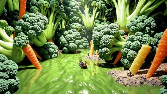 Broccoli forest with giant carrots and tiny people boating on green river, broccoli forming surreal fantasy world, broccoli symbol of healthy food concept, imagination, creative nature, vibrant detail