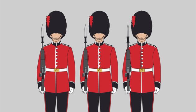 British guardsmen vector illustration of three royal guards in red uniforms and bearskins