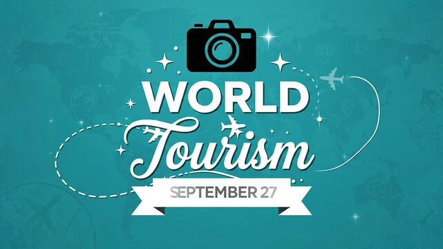 World Tourism Day celebration graphic with camera and airplane icons