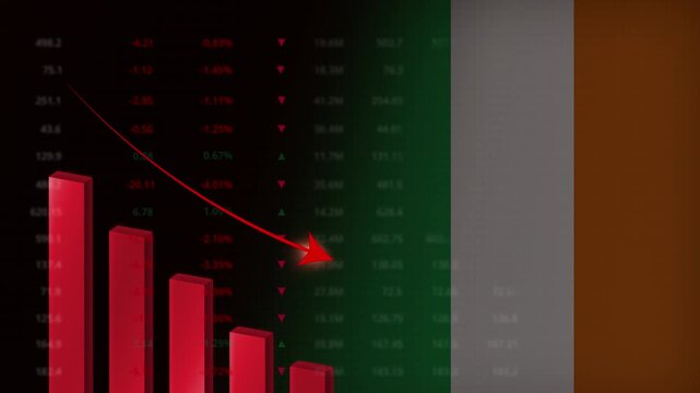 Economic crisis in Ireland.Red falling graph animation with Irish flag.Stock market crash