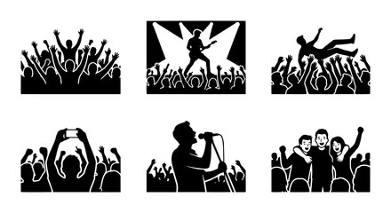 Fototapeta premium Concert Crowd Silhouettes, Music Festival Audience, Live Performance Fans, Event Spectators Vector Set