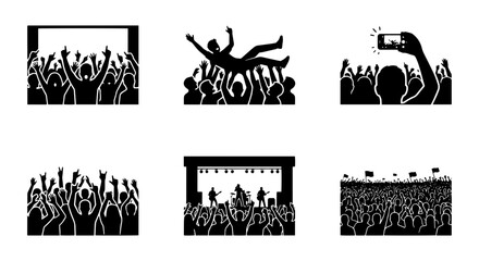 Fototapeta premium Concert Crowd Icons, Music Festival Silhouettes, Audience Celebration Vector Set