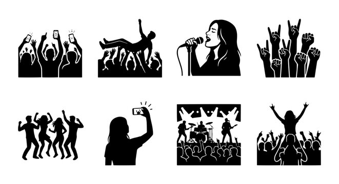 Concert Crowd Icons, Music Festival Silhouettes, Rock Performance Graphics, Fan Celebration Vector Set