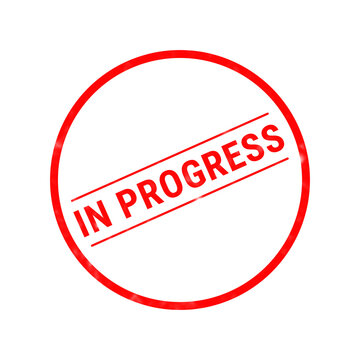 A bold red circular stamp design featuring the text in progress written in capital letters across the center on a plain white background