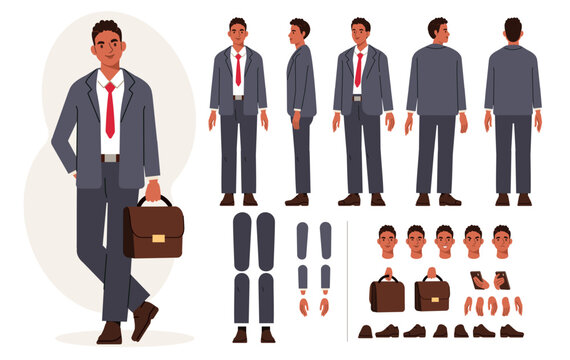 Lawyer attorney man character for animation. Front, side, back view poses and postures set. Vector illustration.
