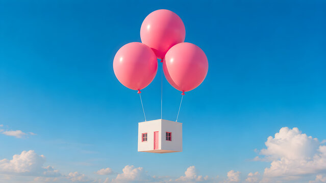 Small white house floating in the blue sky held up by three large pink balloons