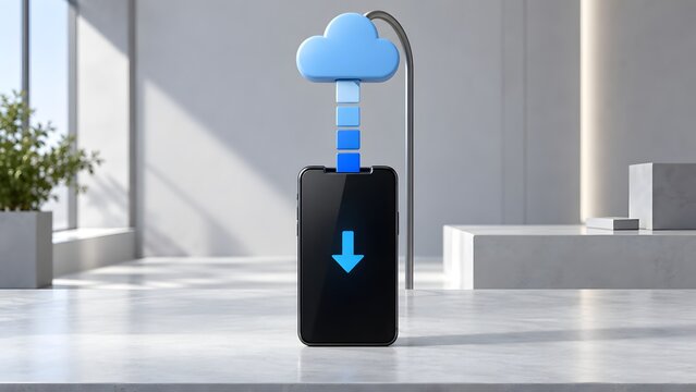 3D concept of cloud data download to smartphone with blue blocks transfer on modern white table