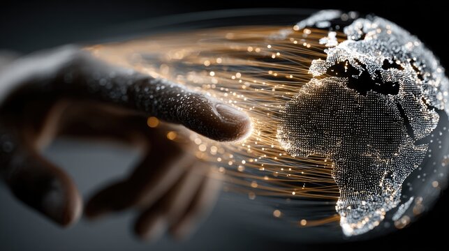 Professional hand interacting with a holographic globe and gold light trails representing international money transfers and global remittance technology for the digital economy scene