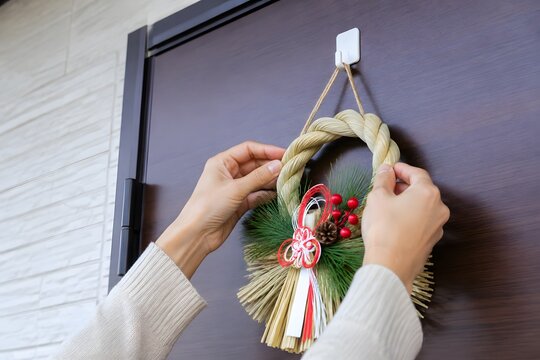 玄関にしめ縄を飾る正月準備の手元素材
