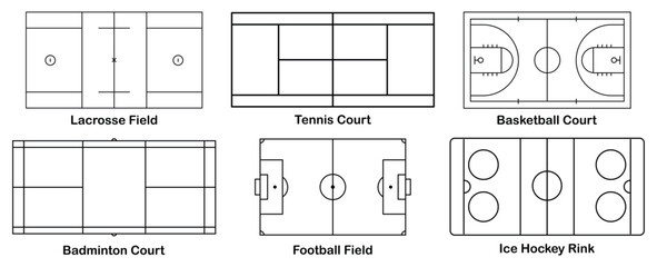 Fototapeta premium Set of various sports field and court diagrams. Football field, basketball court, lacrosse field, ice hockey rink, badminton court, and tennis court. Vector illustration.