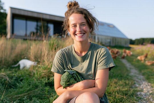 Female farmer sitting with freshly harvested broccoli on a smallholding for organic gardening background and sustainable agriculture poster