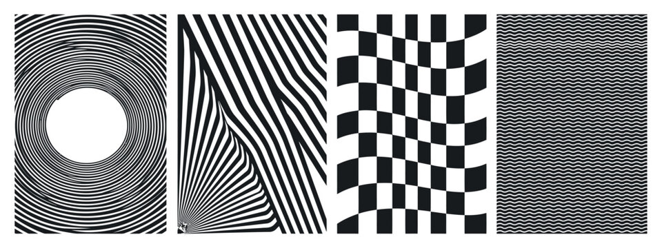 Four optical illusion patterns showcase varying line arrangements and distortions distortion