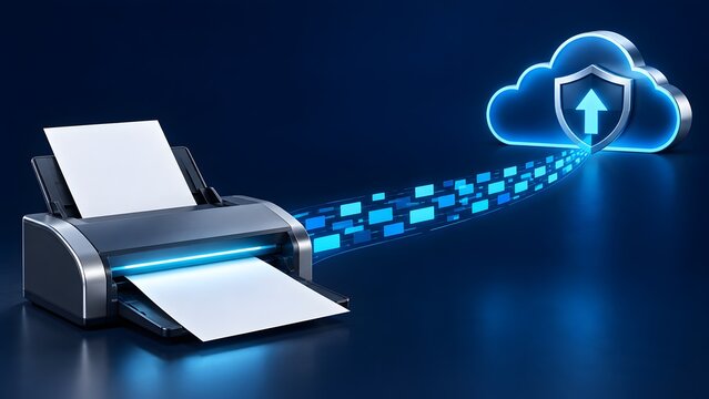 3D illustration of a printer digitizing paper documents into a secure cloud storage network with glowing blue data stream and shield icon