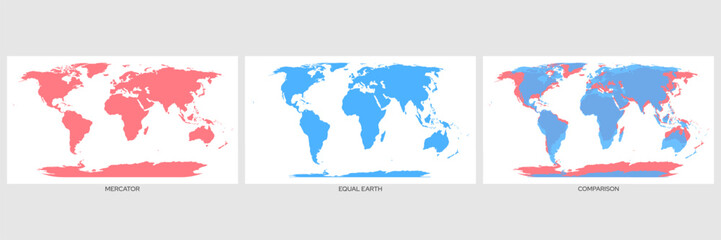 Fototapeta na wymiar World map comparison of Mercator and Equal Earth projection. Vector cartography showing difference in continent size distortion. Geographic visualization for education, science and global data design.