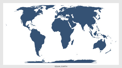 World map in equal earth projection. Blue continents silhouette on white background. Accurate area world map vector illustration for geography, education, cartography and global design concepts. © hiten666