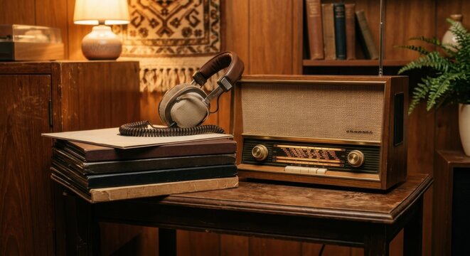 Vintage Radio with Headphones and Vinyl Records in Cozy Room Setting